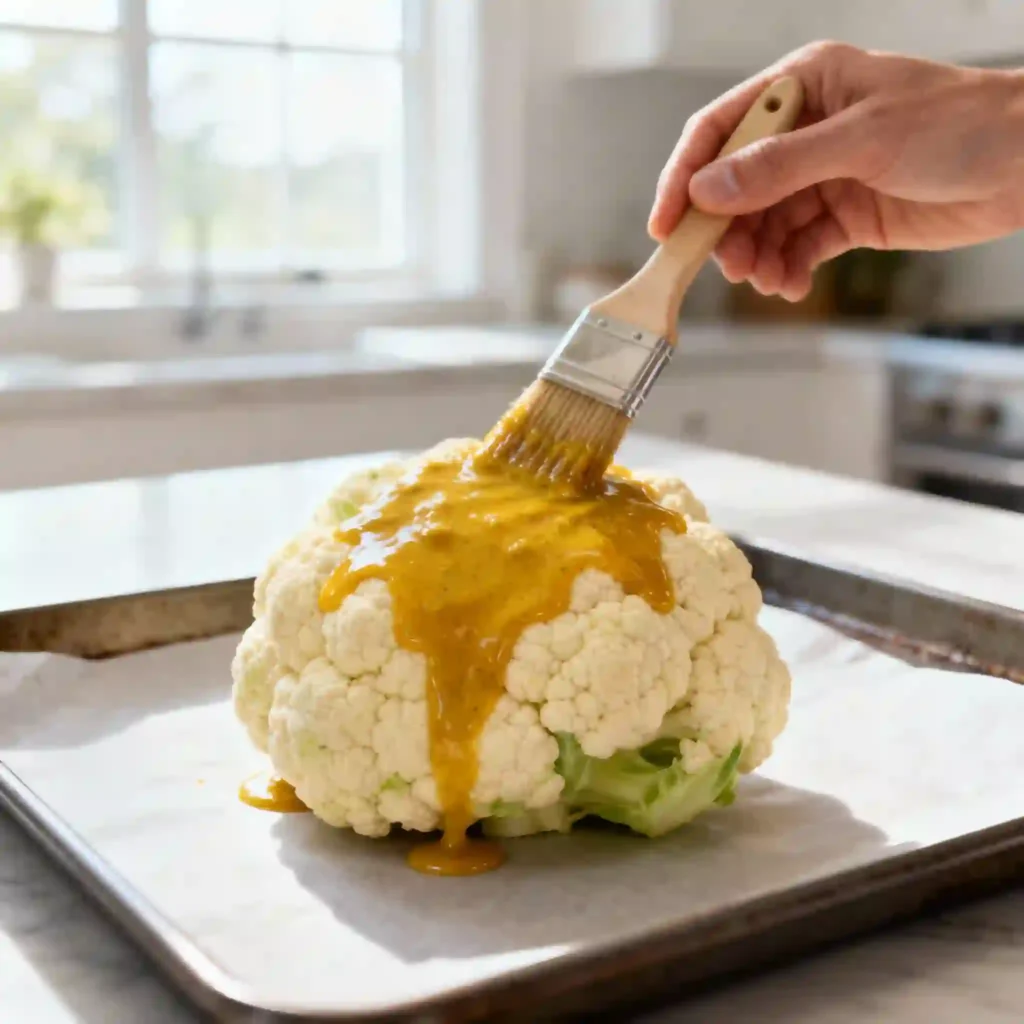 Préparation du chou-fleur rôti au four: badigeonnage de la marinade miel-cari sur le chou-fleur cru avant cuisson.