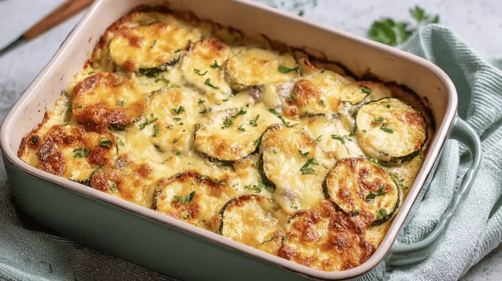 Recette de gratin de courgettes : gros plan sur le plat crémeux et doré dans un plat en céramique vert sauge.