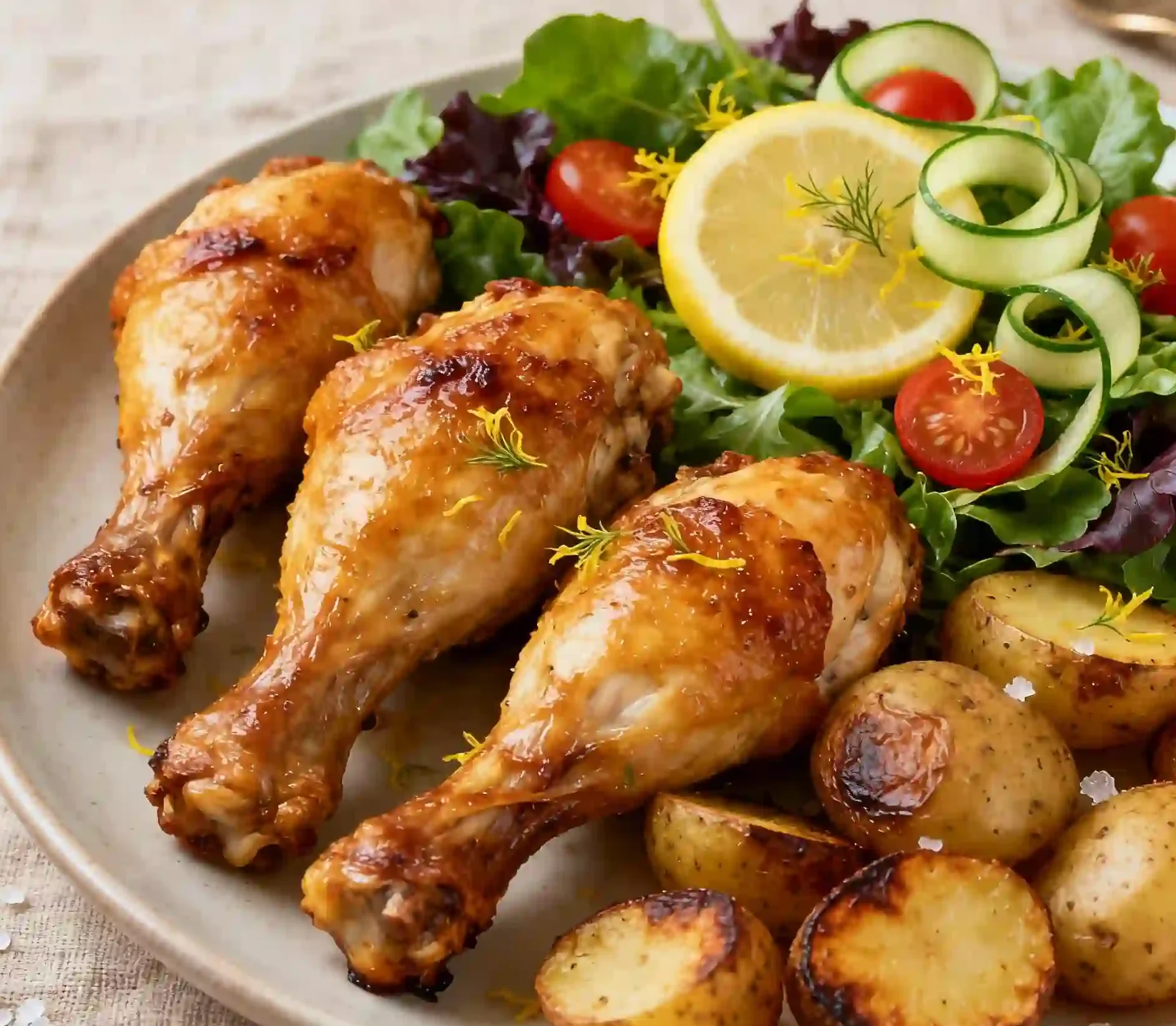 Pilons de Poulet au Four : La Recette Facile et Incontournable 4 Pilons de poulet au four servis avec pommes de terre rôties et salade verte citronnée, zeste fin et sel en flocons sur nappe en lin