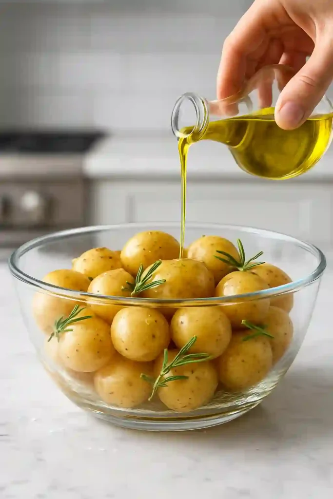 Préparation des pommes de terre grenaille au four : pommes de terre crues mélangées avec huile d'olive, sel et romarin dans un saladier en verre.