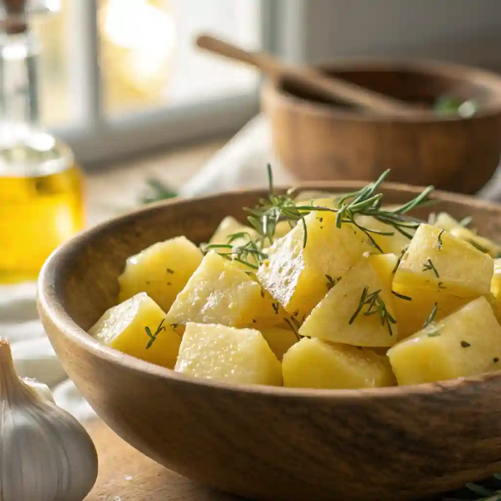 Préparation des pommes de terre au four : cubes de pommes de terre crus enrobés d'huile d'olive et de romarin dans un saladier en bois.
