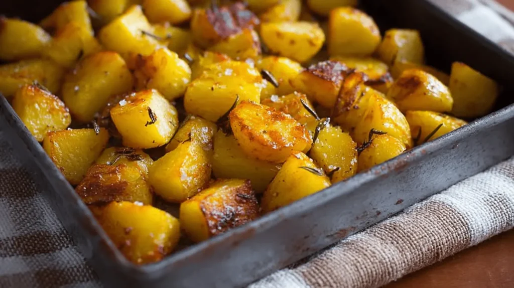 Pommes de terre au four croustillantes et dorées, assaisonnées de romarin et servies dans un plat de cuisson.