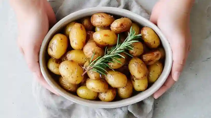 Gros plan sur un bol de pommes de terre grenaille au four dorées, garnies de romarin frais et tenues par des mains.