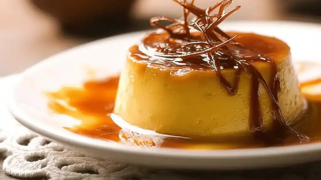 Recette flan au caramel : gros plan sur un flan individuel doré, nappé de sauce et décoré de caramel filé.