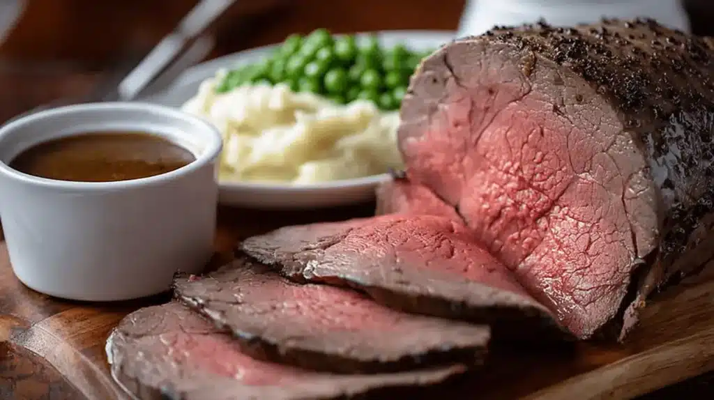 Rôti de bœuf au four mi-saignant, tranché, avec sauce, purée et petits pois sur une planche en bois.