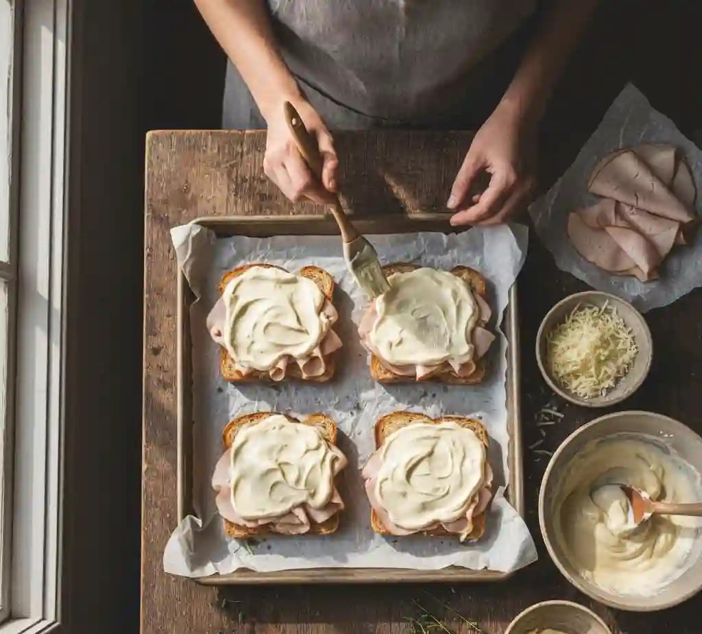 Étape d’assemblage croque monsieur au four, béchamel étalée sur pain de mie et dinde