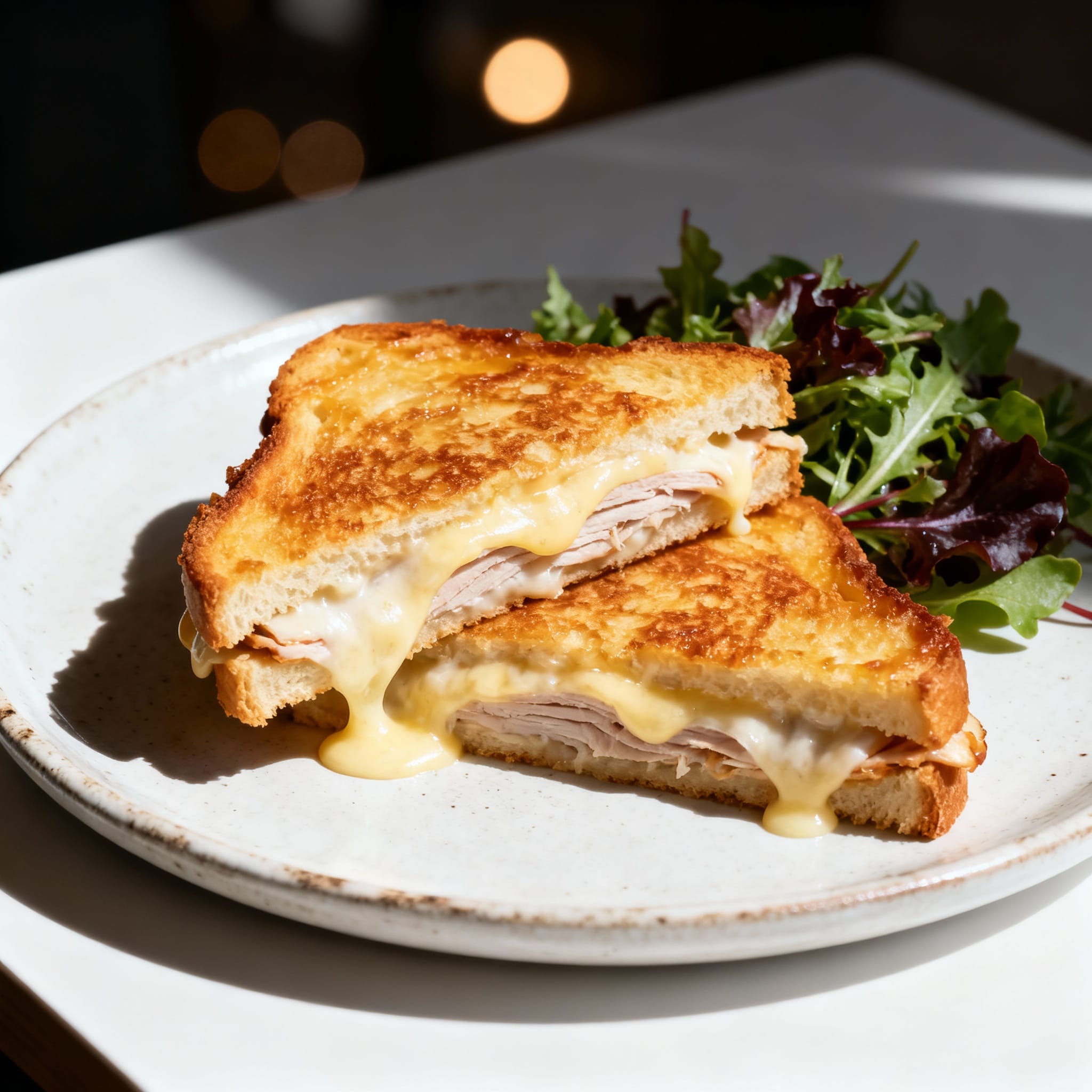 Croque monsieur au four coupé en deux montrant fromage fondu et dinde avec béchamel crémeuse, servi avec salade verte.