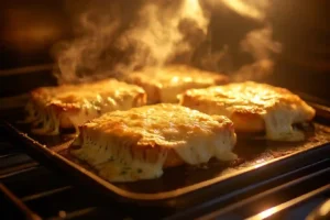 Quatre croques monsieur dorés gratinés au four, sur une plaque de cuisson, avec fromage fondu coulant et vapeur qui s’élève, ambiance chaleureuse et cuisson professionnelle