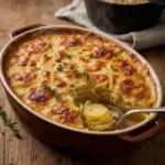 Gratin dauphinois traditionnel doré et gratiné dans plat en céramique, coupé à la cuillère montrant les couches crémeuses de pommes de terre fondantes