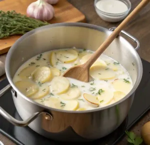 Pommes de terre mijotant dans mélange lait et crème dans casserole, pré-cuisson pour gratin dauphinois fondant.
