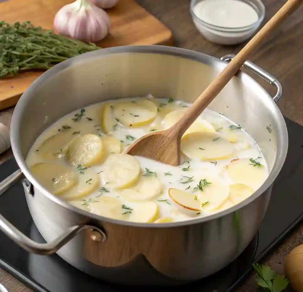 Pommes de terre mijotant dans mélange lait et crème dans casserole, pré-cuisson pour gratin dauphinois fondant.