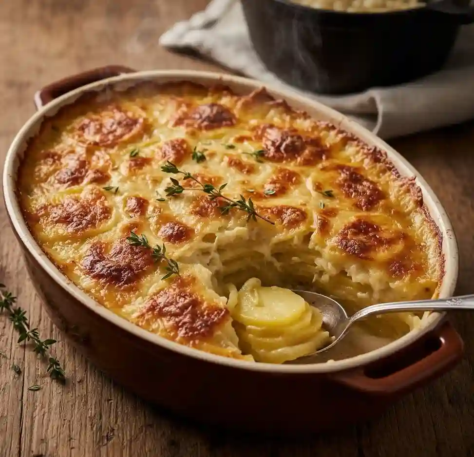 Gratin dauphinois traditionnel doré et gratiné dans plat en céramique, coupé à la cuillère montrant les couches crémeuses de pommes de terre fondantes