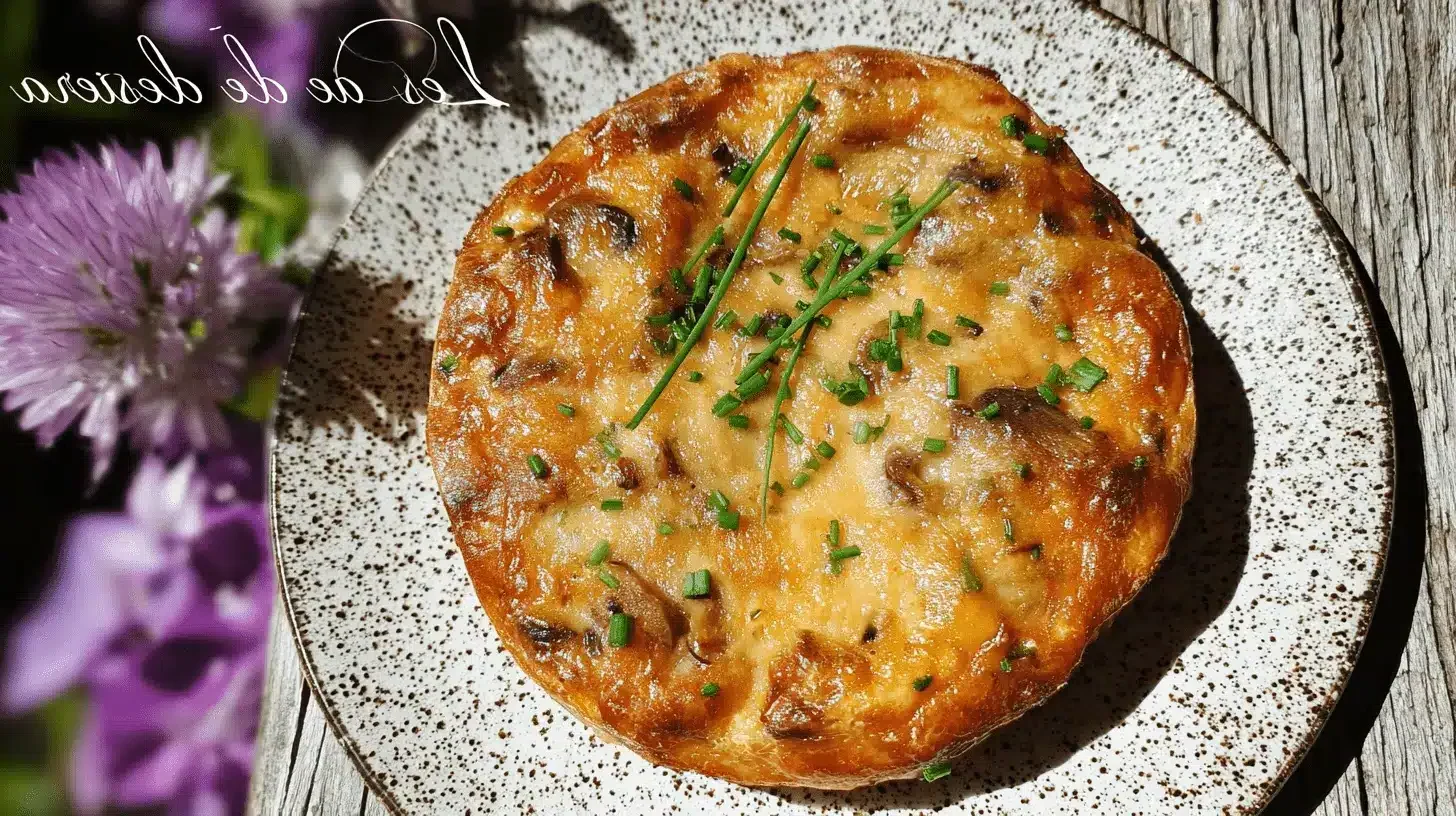 Home page 6 Délicieuse Quiche au Poulet, Champignons et Fromage, dorée à la perfection sur une assiette rustique en extérieur.