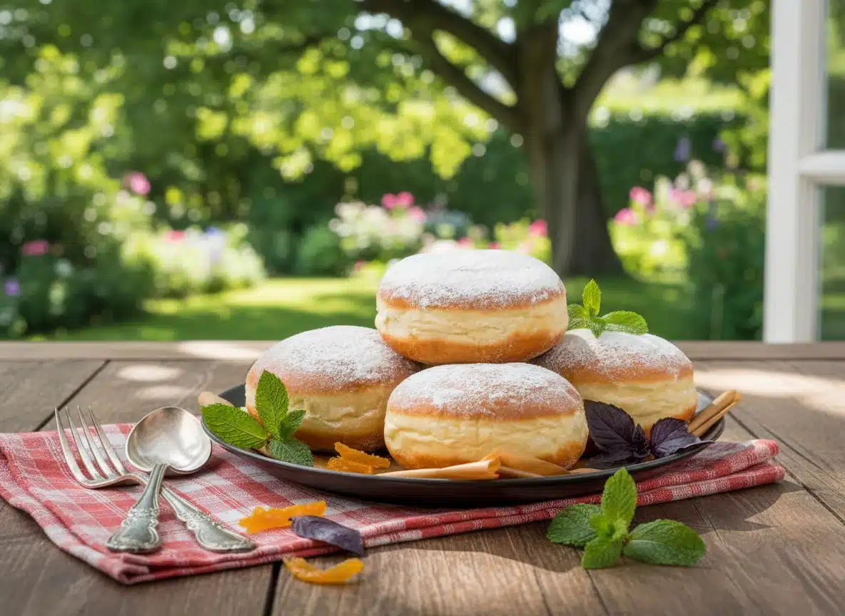 Beignets au Four Ultra Moelleux : La Recette Facile (Sans Friture) 4 Présentation finale de quatre beignets au four bien gonflés, saupoudrés de sucre glace sur une table de jardin.