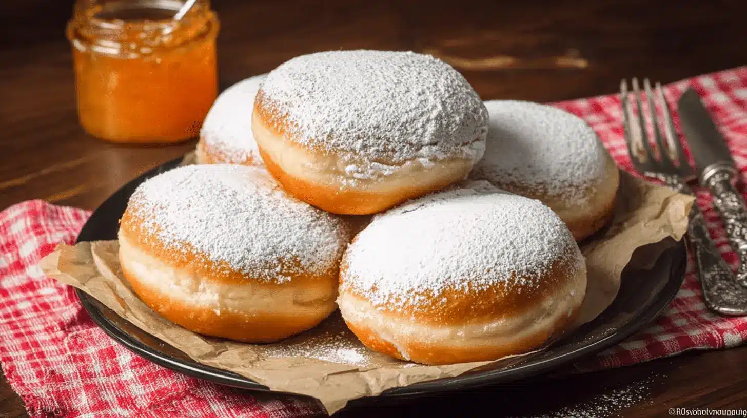 Home page 2 Assiette de beignets-au-four dorés et moelleux saupoudrés de sucre glace, sur fond rustique avec confiture.