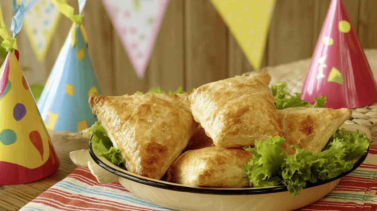 Home page 5 Bol de chaussons feuilletés viande dorés, prêts pour une fête, sur fond de décorations colorées.