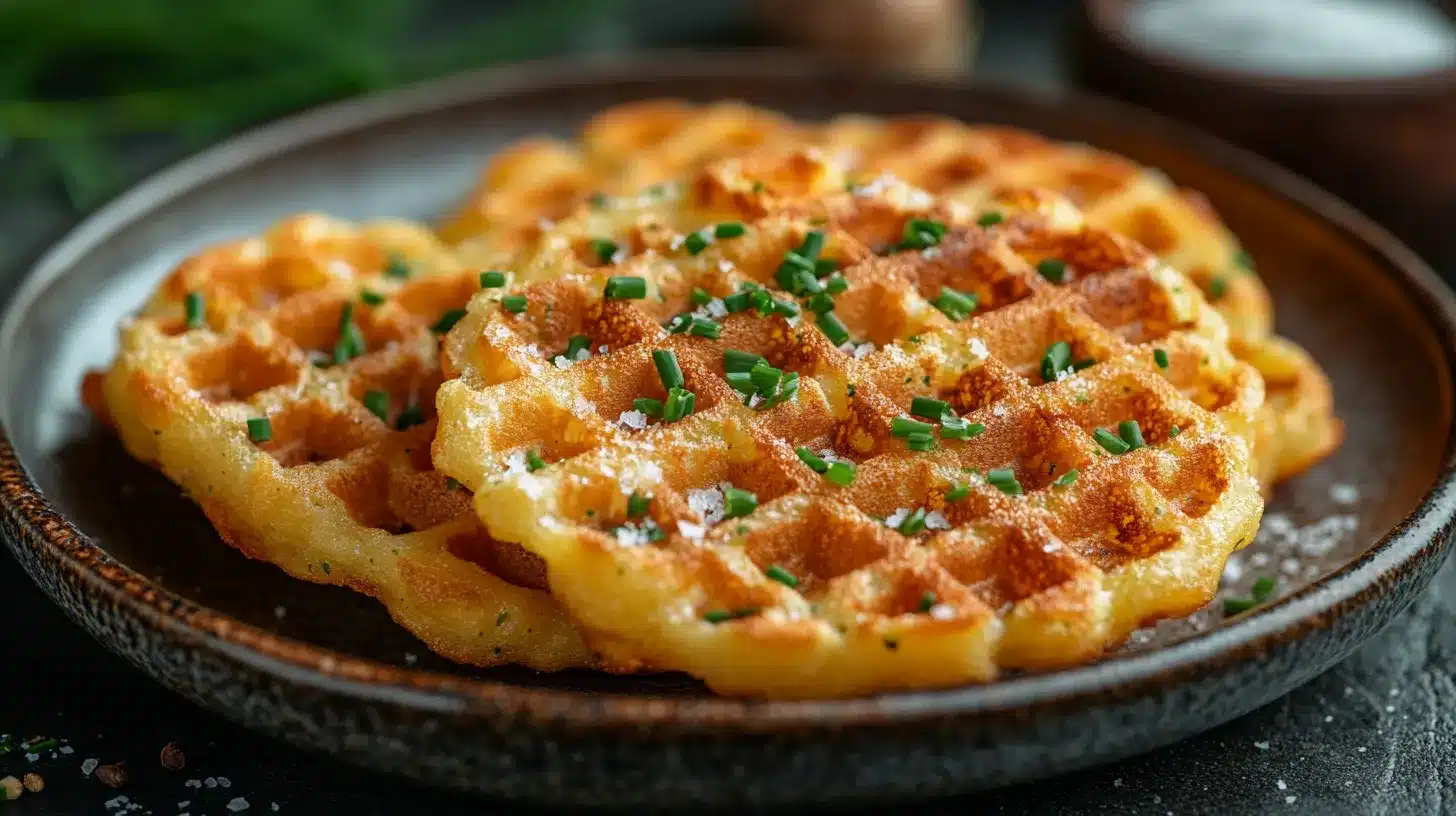 Trois gaufres de pomme de terre dorées et croustillantes servies sur une assiette élégante avec salade fraîche et couverts anciens.