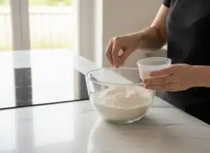 Beignets au Four Ultra Moelleux : La Recette Facile (Sans Friture) 6 Émietter la levure fraîche de boulanger sur la farine T45 pour la pâte à beignets au four.