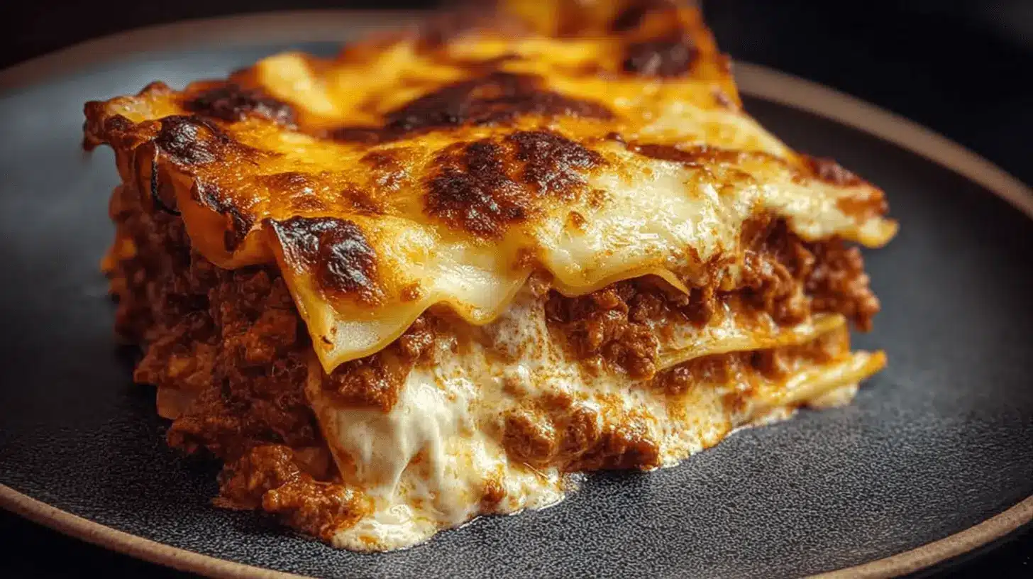 Une portion de lasagnes boeuf ultra gratinées, avec une croûte de fromage doré et des couches de sauce riches, servie sur une assiette rustique.
