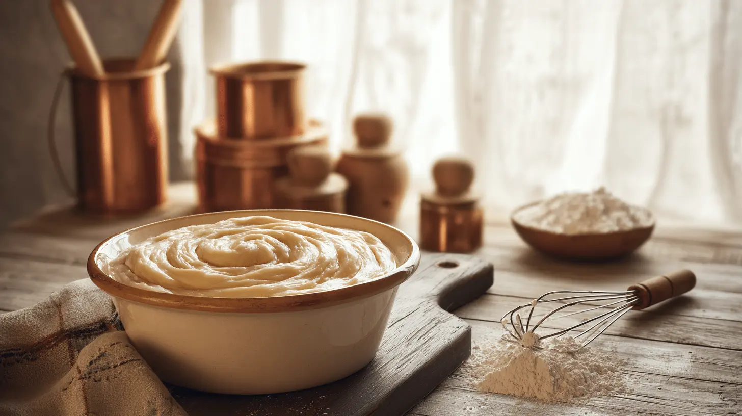 Un bol en céramique rempli d'une onctueuse pâte à beignets, prête pour la friture, dans une cuisine rustique.