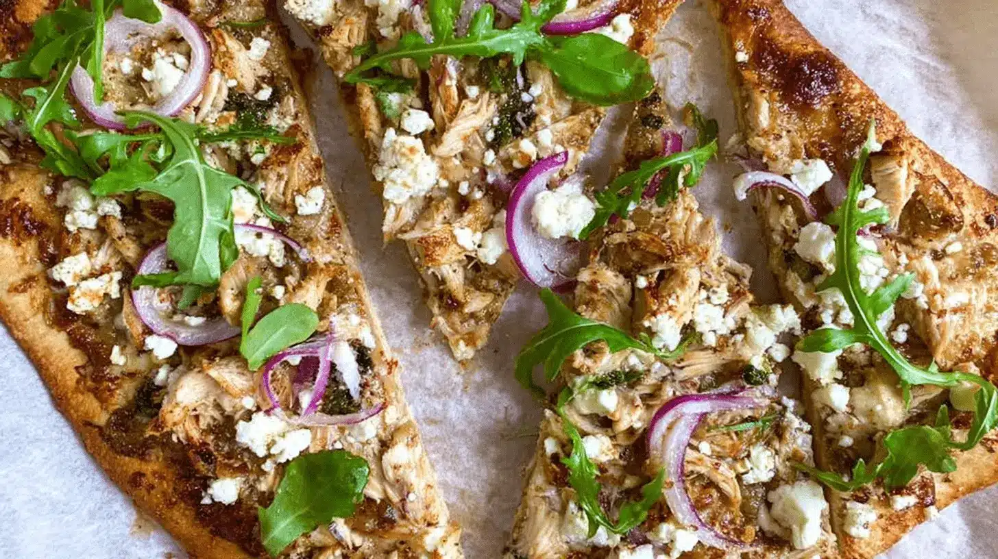 Home page 5 Pinsa pesto poulet artisanale aux saveurs méditerranéennes, garnie de roquette fraîche, oignons rouges et fromage émietté.