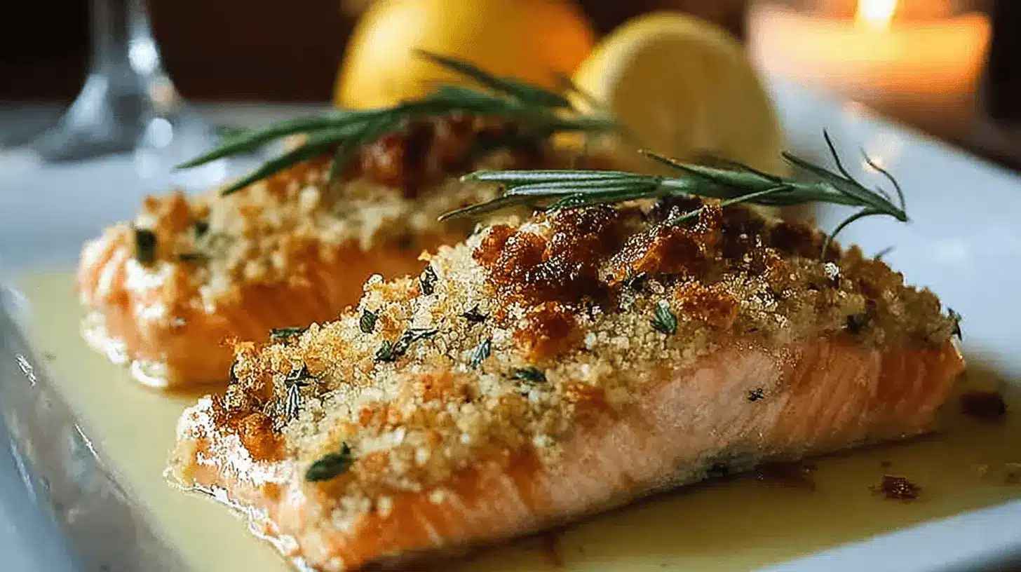 Home page 5 Deux filets de saumon en croûte de parmesan dorée, garnis de romarin, sur une assiette blanche.