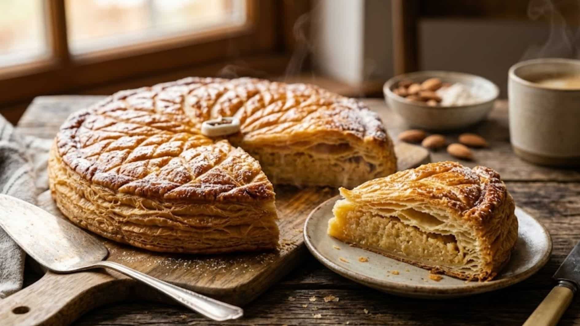 Galette des Rois Facile à la Pâte Feuilletée Galette 3 Une galette des Rois dorée à la pâte feuilletée galette croustillante avec une part coupée révélant la frangipane à l'amande.