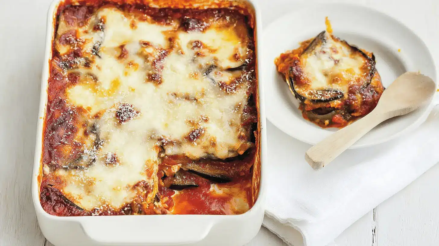 Une délicieuse portion d'aubergine à la parmigiana au four avec du fromage fondu et des couches riches, servie sur une table en bois rustique.