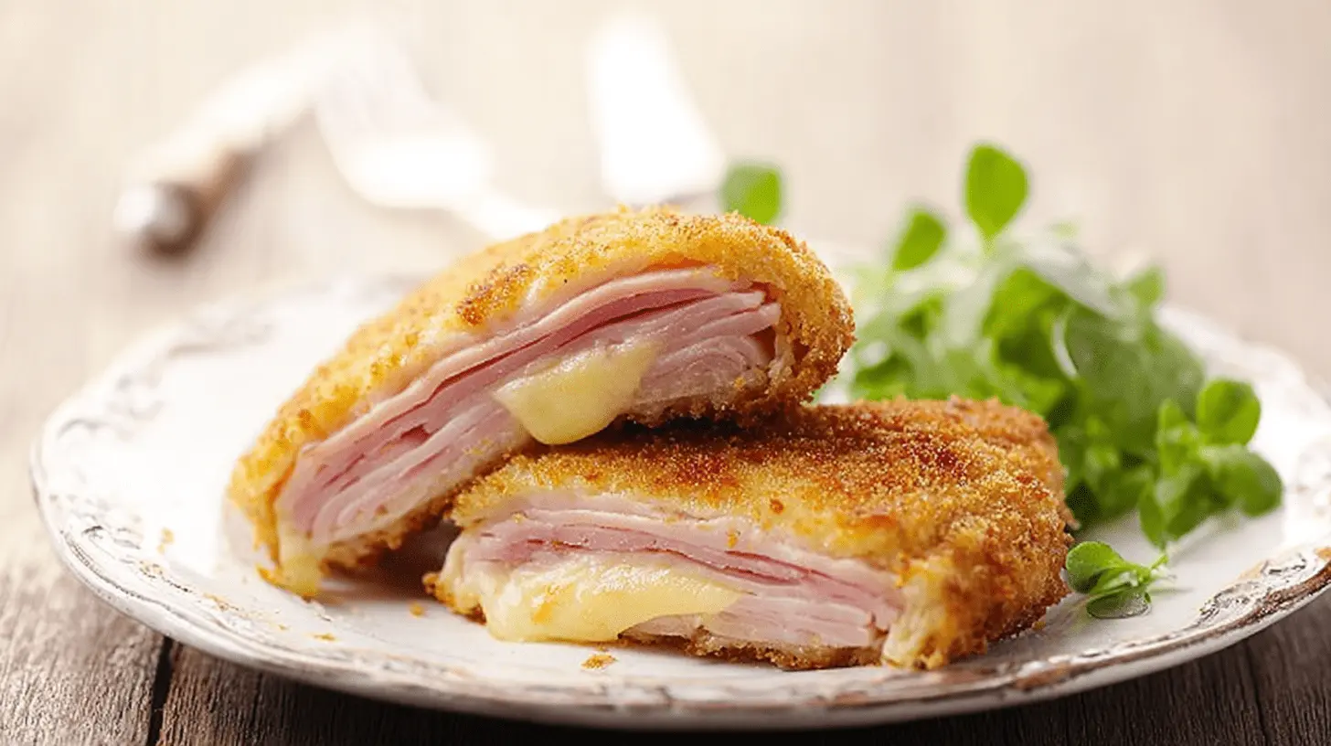Cordon bleu maison croustillant, coupé en deux, avec jambon et fromage fondant, sur une assiette rustique.