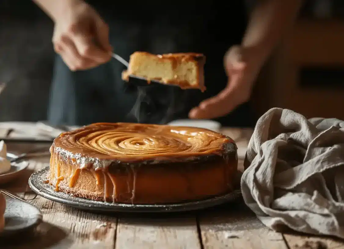 Home page 2 Part de gâteau caramelisé et fumant servi dans une cuisine rustique, un dessert moelleux à 5 ingrédients fraîchement préparé.