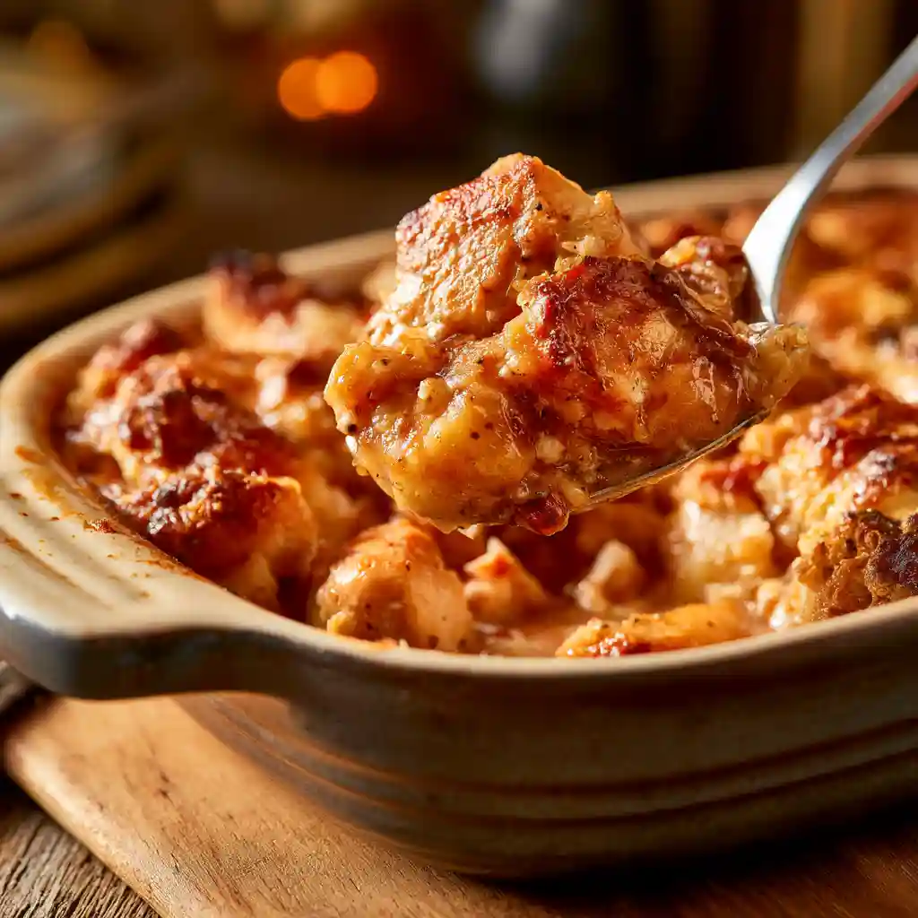 Restes de poulet rôti : Que faire ? 16 Recettes (et astuces pour le réchauffer sans le dessécher !) 4 Cuillère servant un gratin fondant et doré préparé avec des restes de poulet rôti.