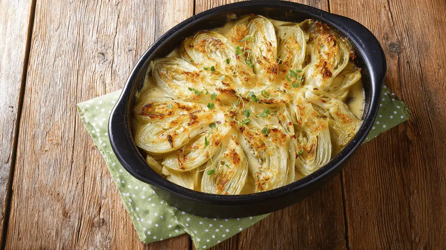 Gros plan alléchant d'un gratin de fenouil doré et crémeux, servi dans un plat ovale foncé sur une table en bois rustique.