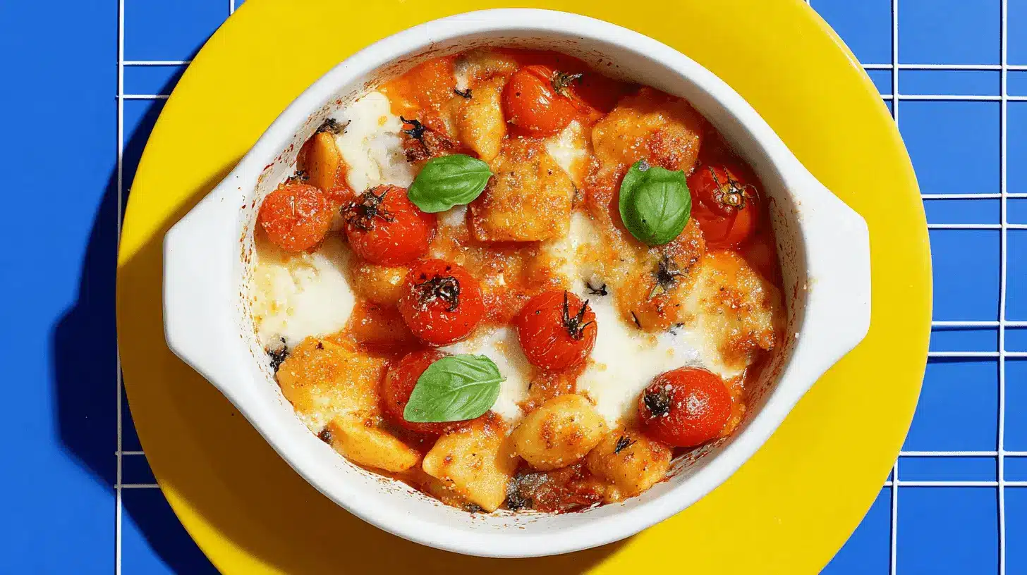 Home page 5 Délicieux gratin de raviolis au four avec sauce tomate, fromage gratiné et basilic frais sur une assiette jaune.
