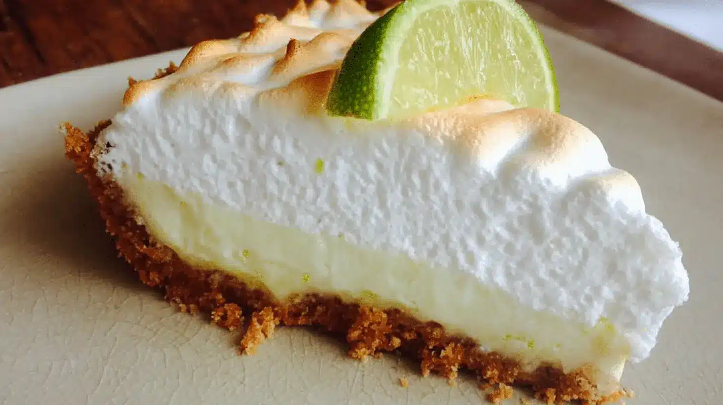 Home page 2 Délicieuse tranche de key lime pie avec meringue et lime, illustrant une key lime pie facile.