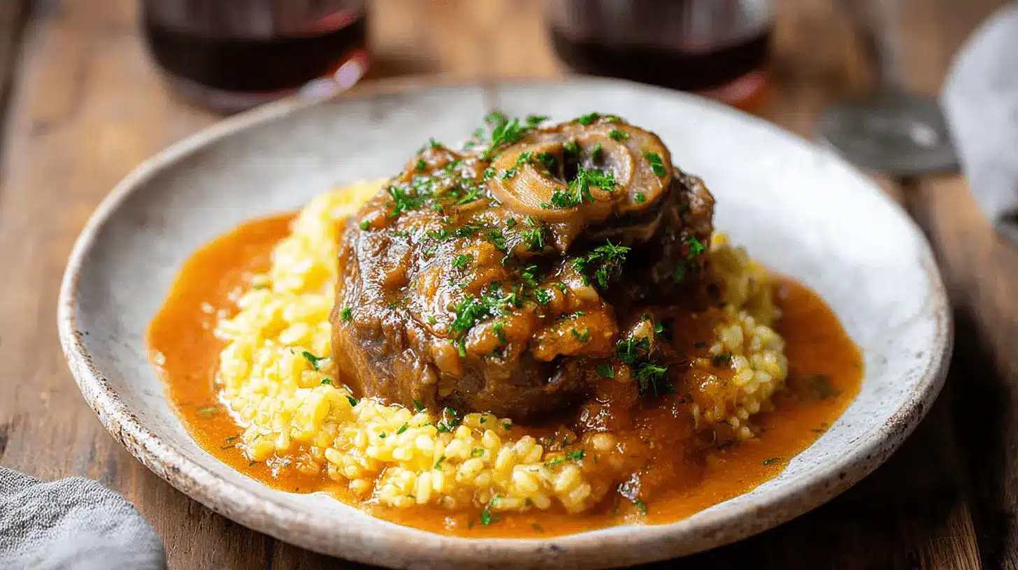 Home page 5 Gros plan appétissant d'un osso bucco de veau braisé, richement nappé de sauce et garni de persil frais, servi sur un risotto crémeux.