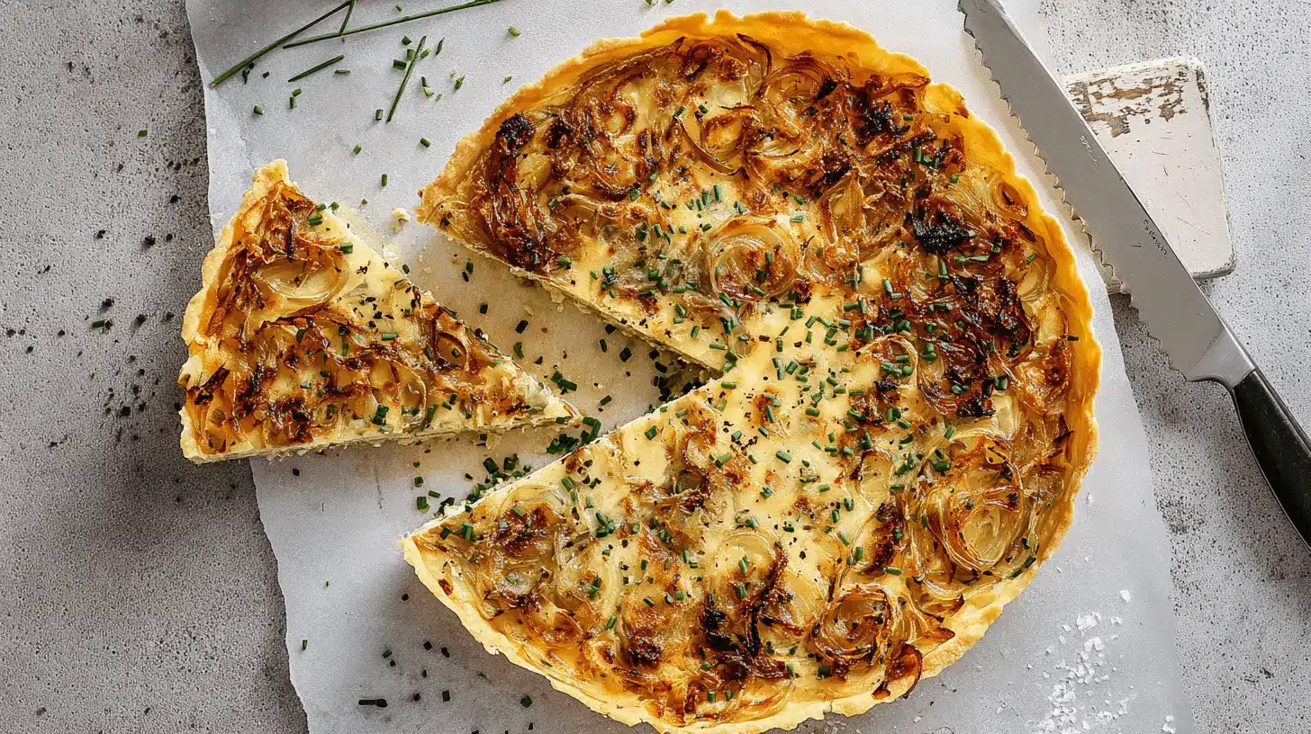 Home page 5 Une part de délicieuse recette tarte aux oignons fraîchement coupée, avec sa croûte dorée et des oignons caramélisés. Une tarte salée garnie de ciboulette sur un fond rustique.