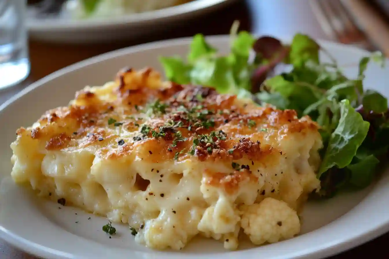 Gratin de Chou-fleur sans Béchamel : La Recette Facile et Gourmande 3 Portion individuelle de gratin de chou-fleur sans béchamel servie avec salade