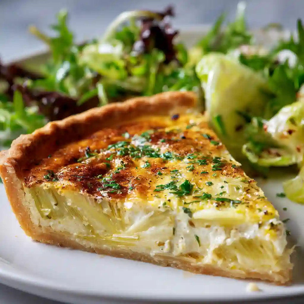 Recette de Tarte aux Poireaux Facile et Crémeuse : Un Classique Français 3 Une part généreuse et crémeuse de tarte aux poireaux au four servie sur une assiette avec une salade verte fraîche.