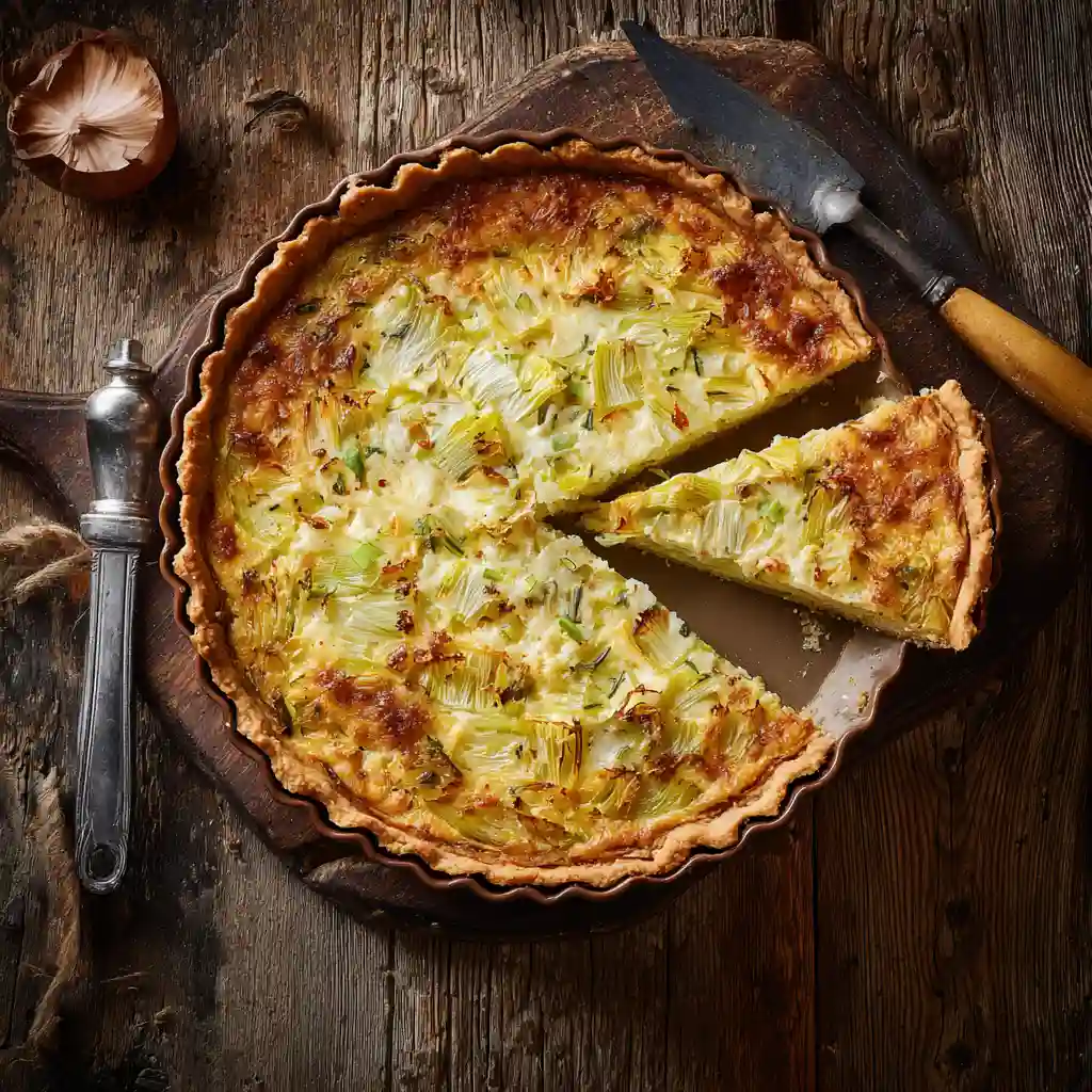 Home page 5 Une tarte aux poireaux au four entière, bien dorée et croustillant, avec une part soulevée.