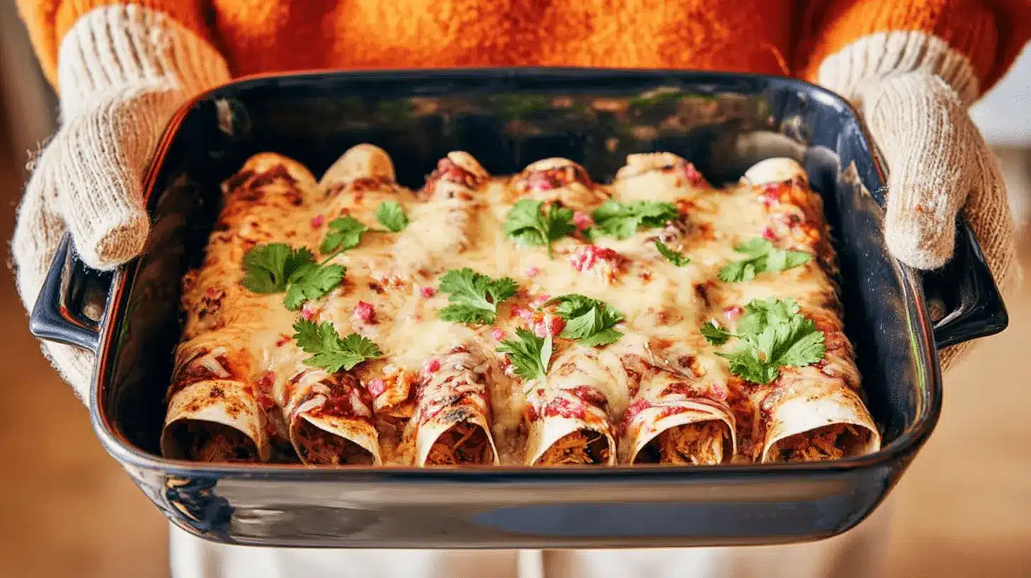 Délicieuses enchiladas au poulet au four gratinées au fromage, garnies de coriandre, servies dans un plat chaud.