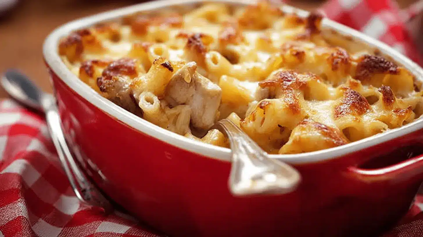 Gratin de pâtes poulet au four doré et crémeux, servi dans un plat de cuisson rouge vif sur une nappe à carreaux.