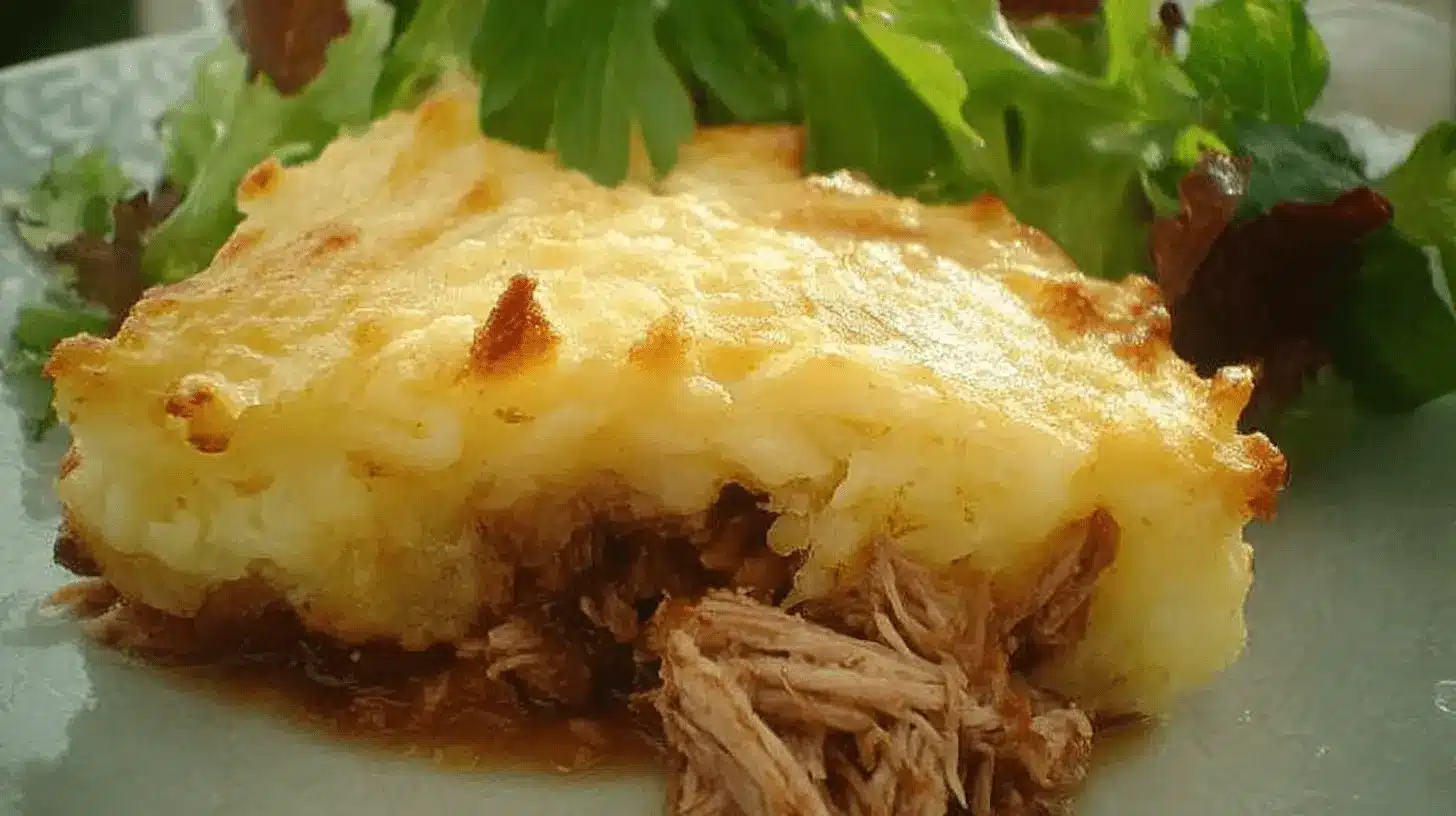 Home page 5 Un gros plan appétissant de Hachis parmentier de poulet gratiné et doré, servi avec une salade verte fraîche.