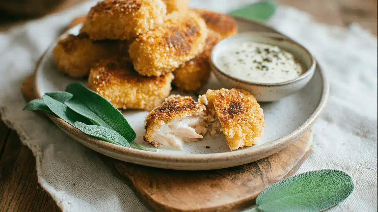 Nuggets de poulet maison au four dorés et croustillants, servis avec une sauce crémeuse et de la sauge fraîche sur une planche en bois.
