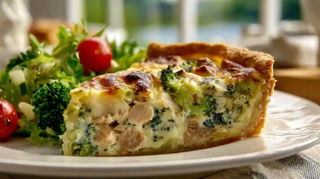 Quiche Poulet Brocoli au Four : Le Plat Complet Idéal 2 Une généreuse part de quiche poulet brocoli au four servie sur une assiette avec une salade verte croquante.