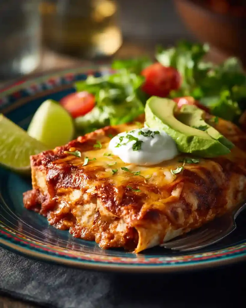 Enchiladas au Poulet au four : 7 Étapes pour un Rendu Fondant 2 Assiette d'enchiladas au poulet au four avec avocat et crème sure