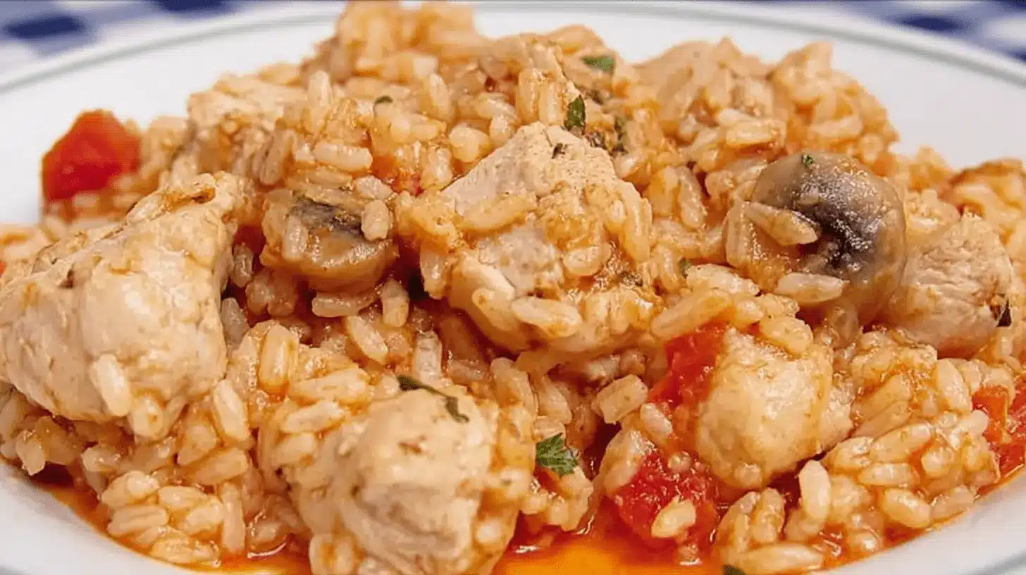 Home page 5 Gros plan d'un délicieux risotto poulet au four sans vin, garni de poulet, tomates et champignons dans un bol blanc.