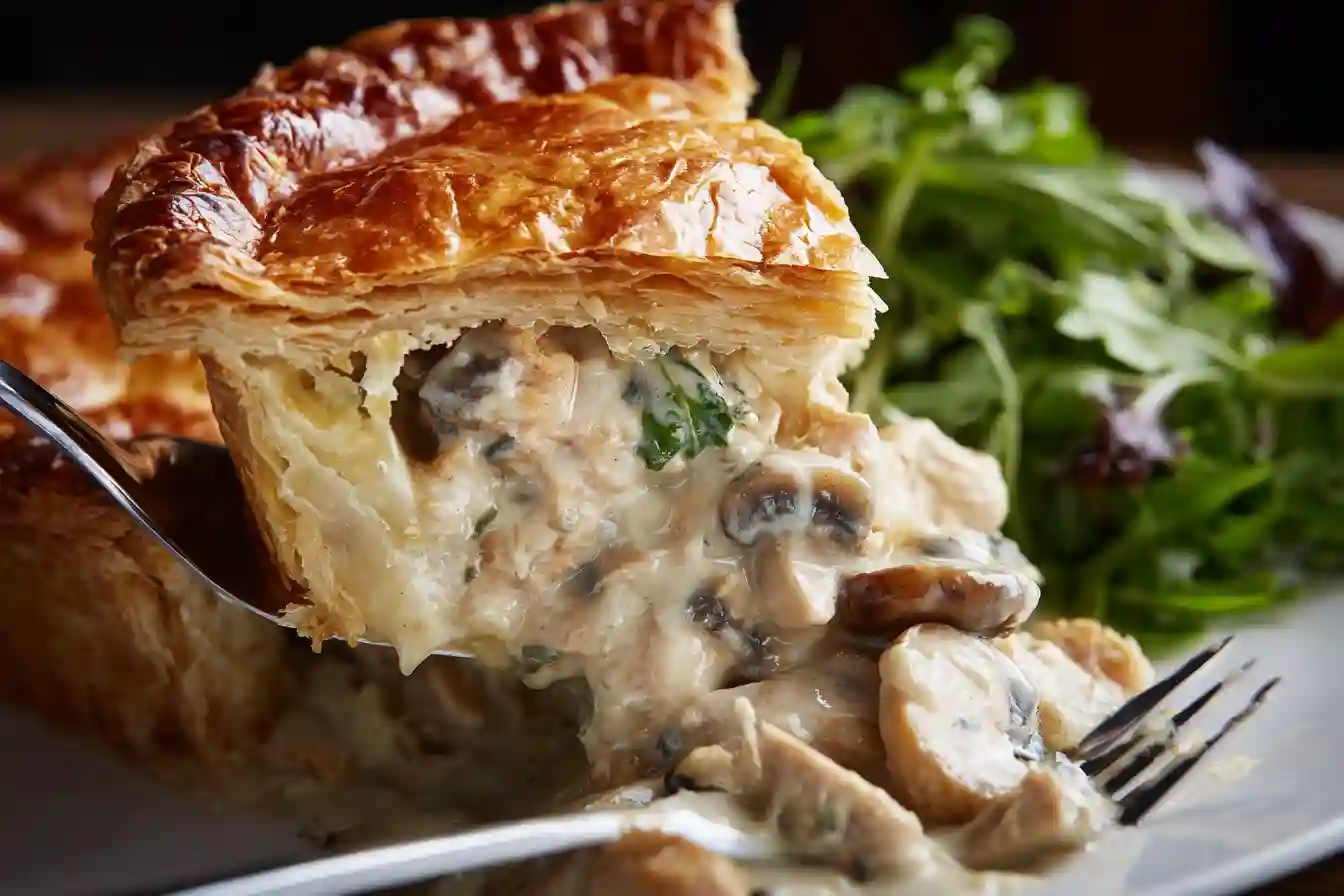 Tourte au Poulet et Champignons : La Recette Inratable (Pâte Croustillante) 3 Part de tourte au poulet servie avec une salade verte.