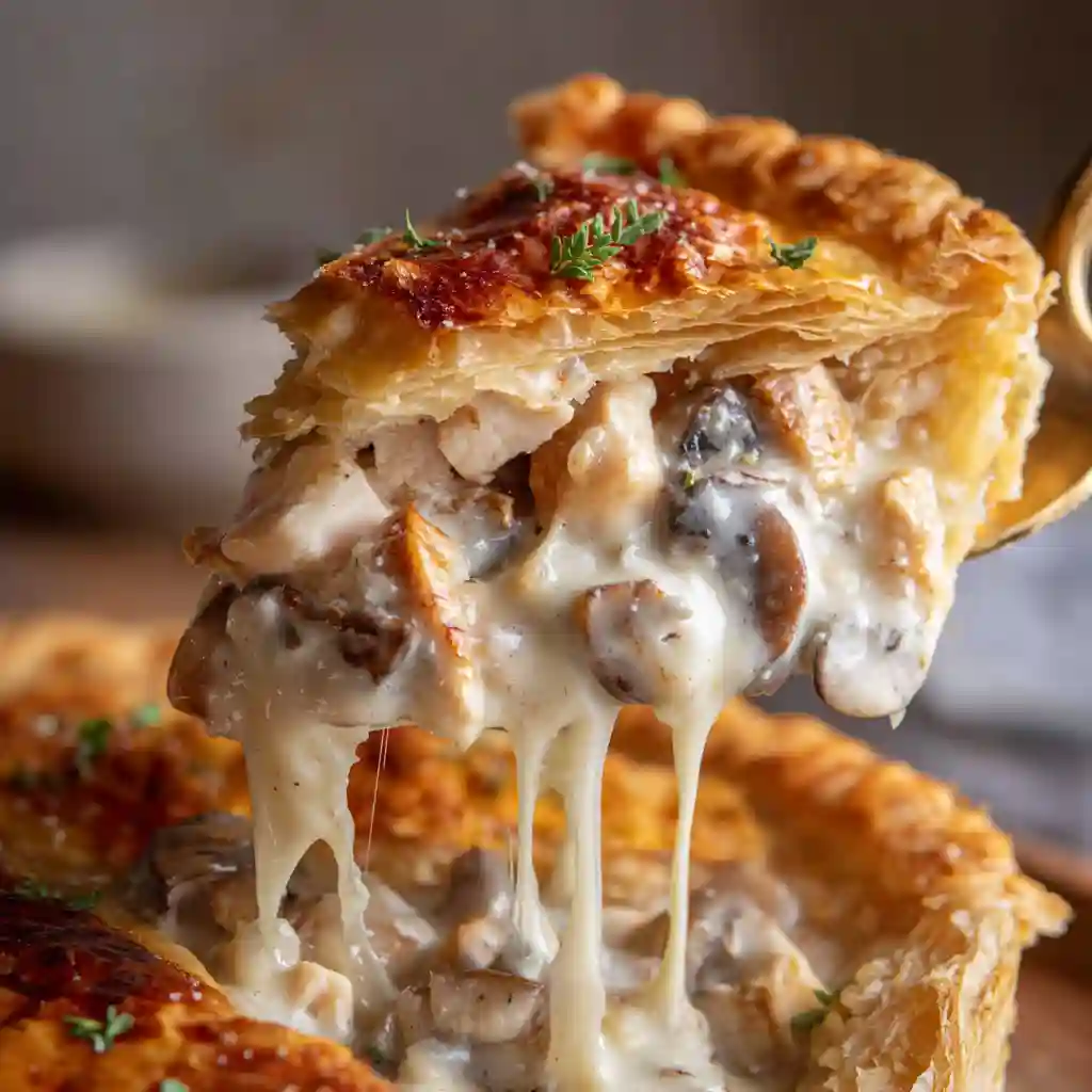 Part de tourte au poulet crémeuse avec pâte feuilletée dorée.