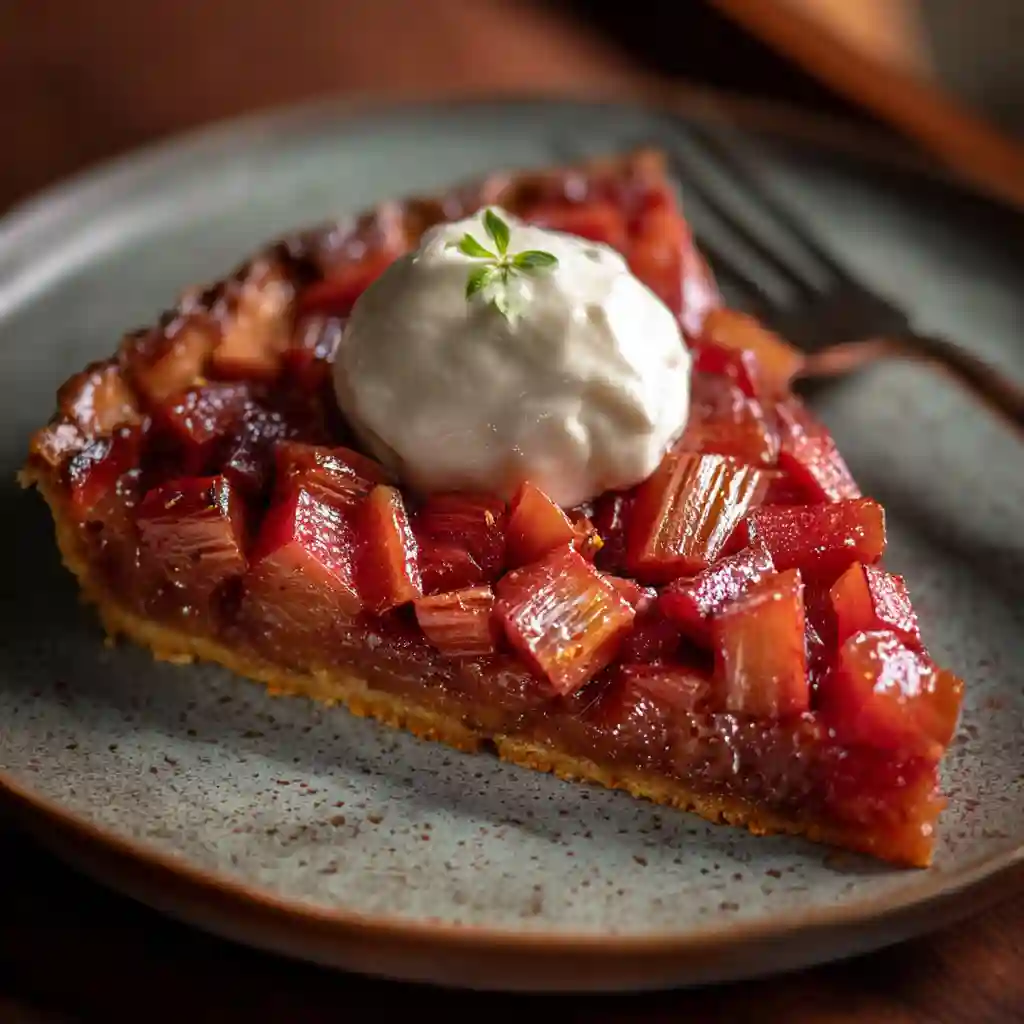 Home page 2 Une part de tarte rhubarbe maison fondante avec une touche de crème fraîche.