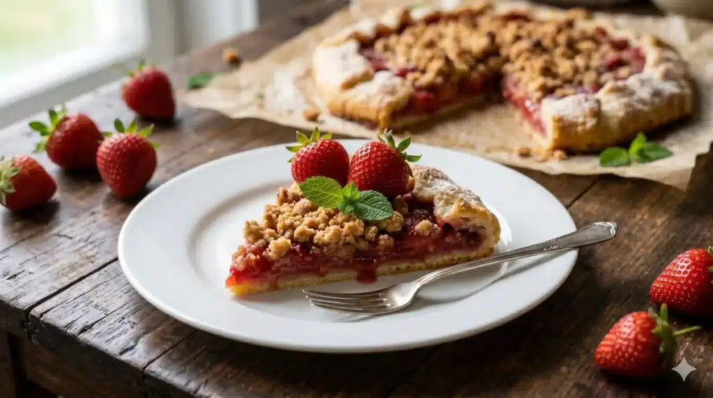 Tarte Rustique aux Fraises : La Recette Idéale pour Profiter de la Saison 2 Part de tarte rustique aux fraises avec streusel croustillant